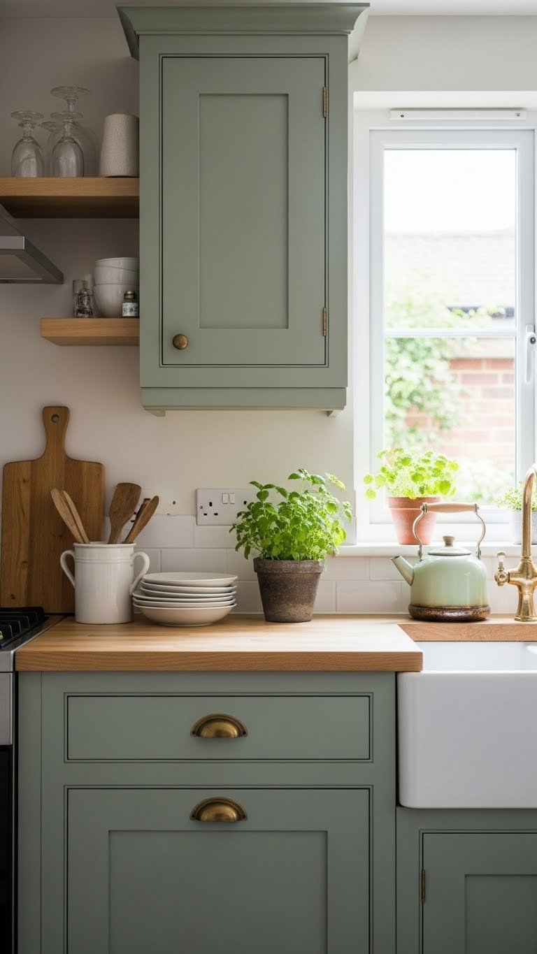 Serene sage green kitchen cabinets with wood shelving and antique brass pulls in natural window light with herbs.