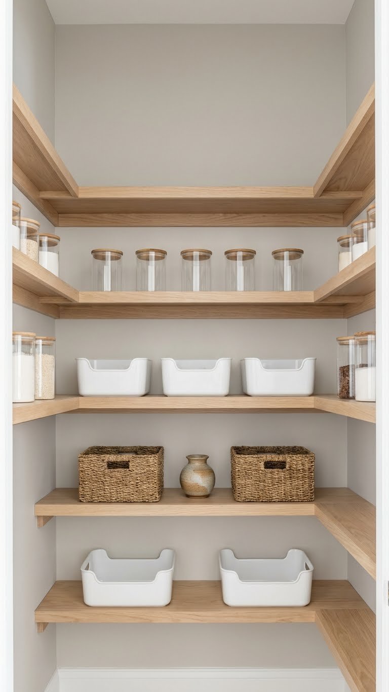 Serene transitional pantry featuring a cohesive neutral palette of greige walls, light wood shelves, and white storage bins for a calm kitchen.