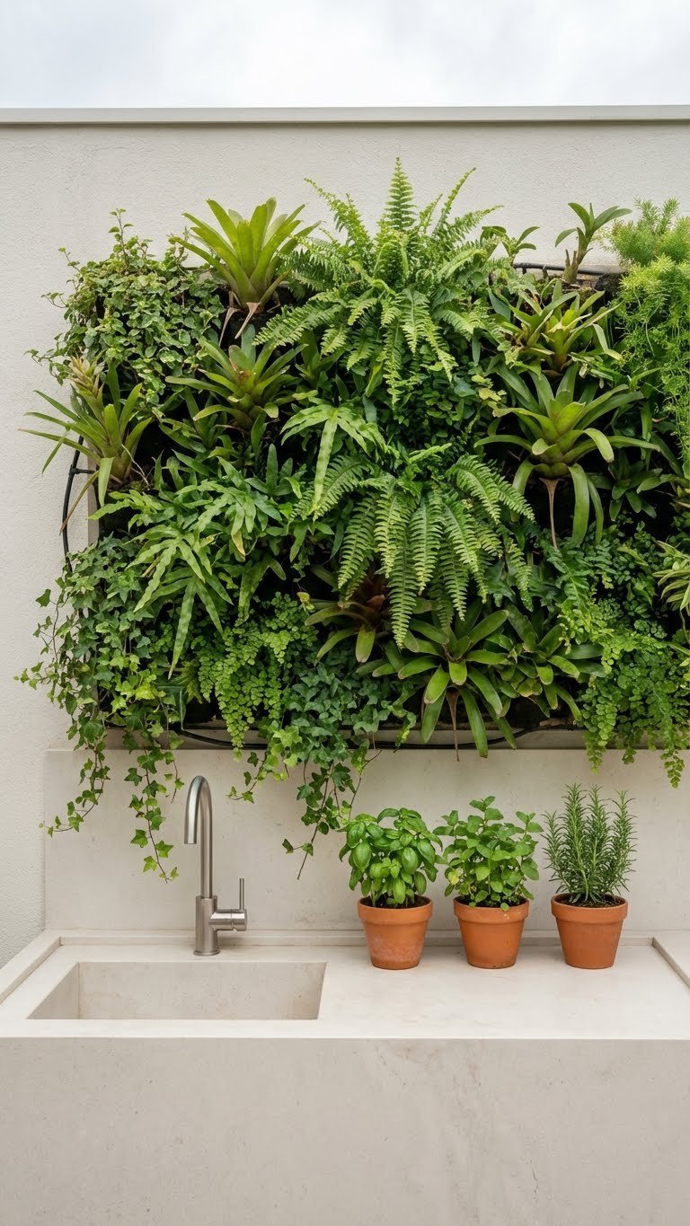 Outdoor Kitchen Tropical Design Ideas For A Resort Style Backyard 5 Serene tropical outdoor kitchen featuring lush vertical garden wall with ferns and bromeliads behind modern sink area
