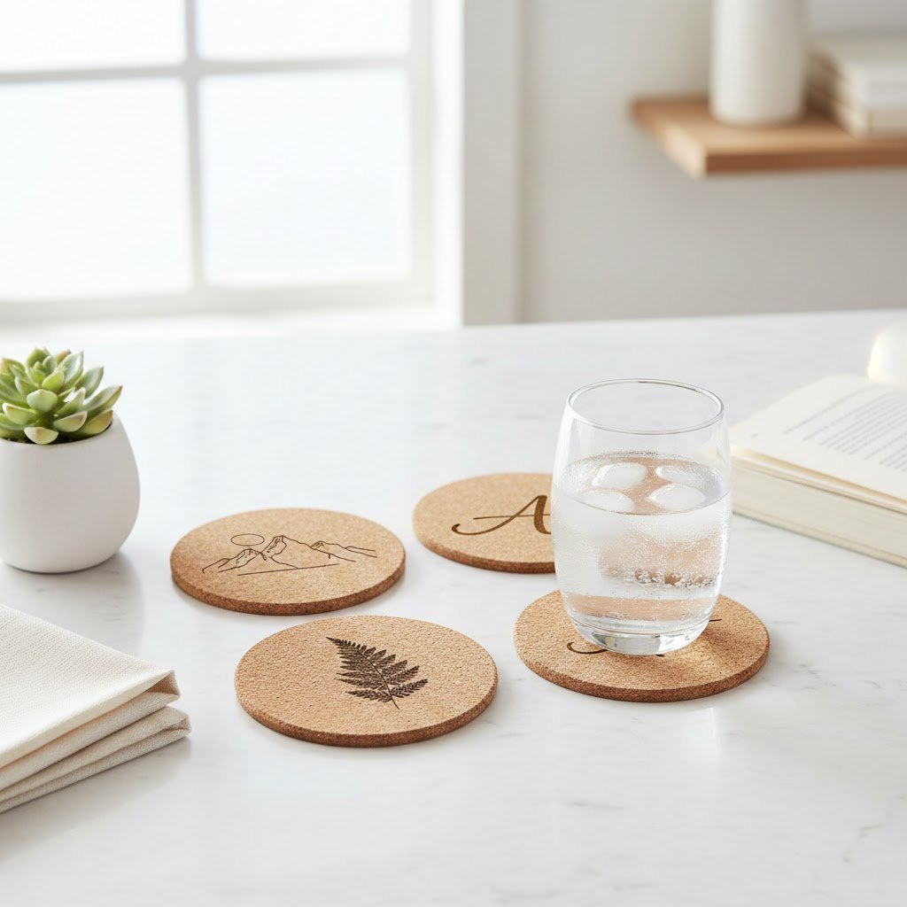 Set of four custom cork coasters with minimalist designs and glass of water on marble countertop
