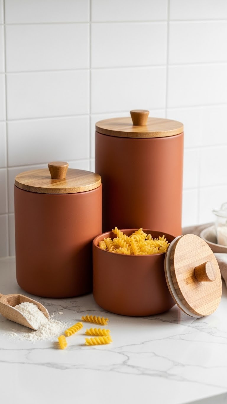 10 Unique Tuscan Kitchen Gadgets To Elevate Your Rustic Cooking 7 Set of rustic terracotta kitchen canisters with wooden lids on quartz countertop showing pasta inside