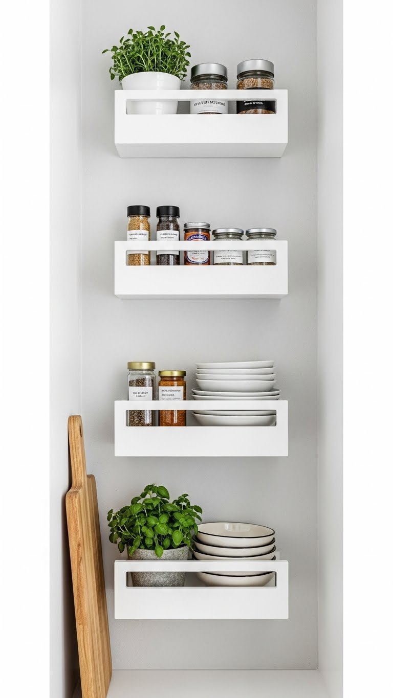 Proven Narrow Pantry Ideas: Essential Solutions For Small Kitchens 9 Shallow wall-mounted pantry shelves in a narrow kitchen, displaying spice jars and small cans, maximizing efficient storage.