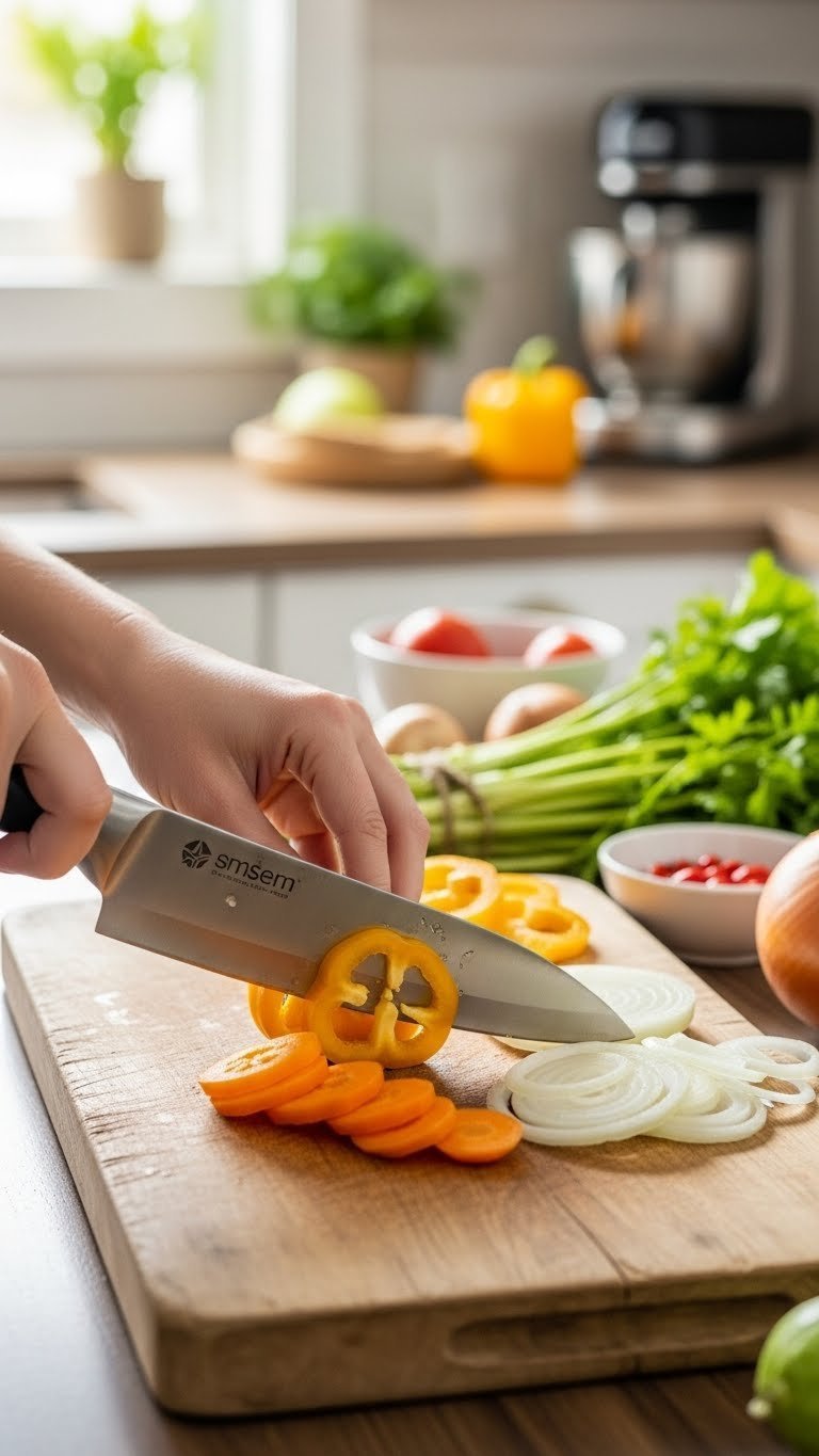 Sharp stainless steel chef's knife slicing colorful fresh vegetables on rustic wooden cutting board with soft bokeh background