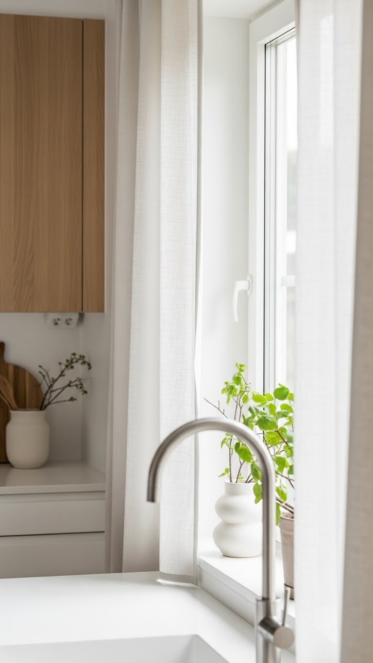 Sheer linen curtains diffusing soft daylight in a minimalist Scandinavian kitchen with light wood accents and green plant