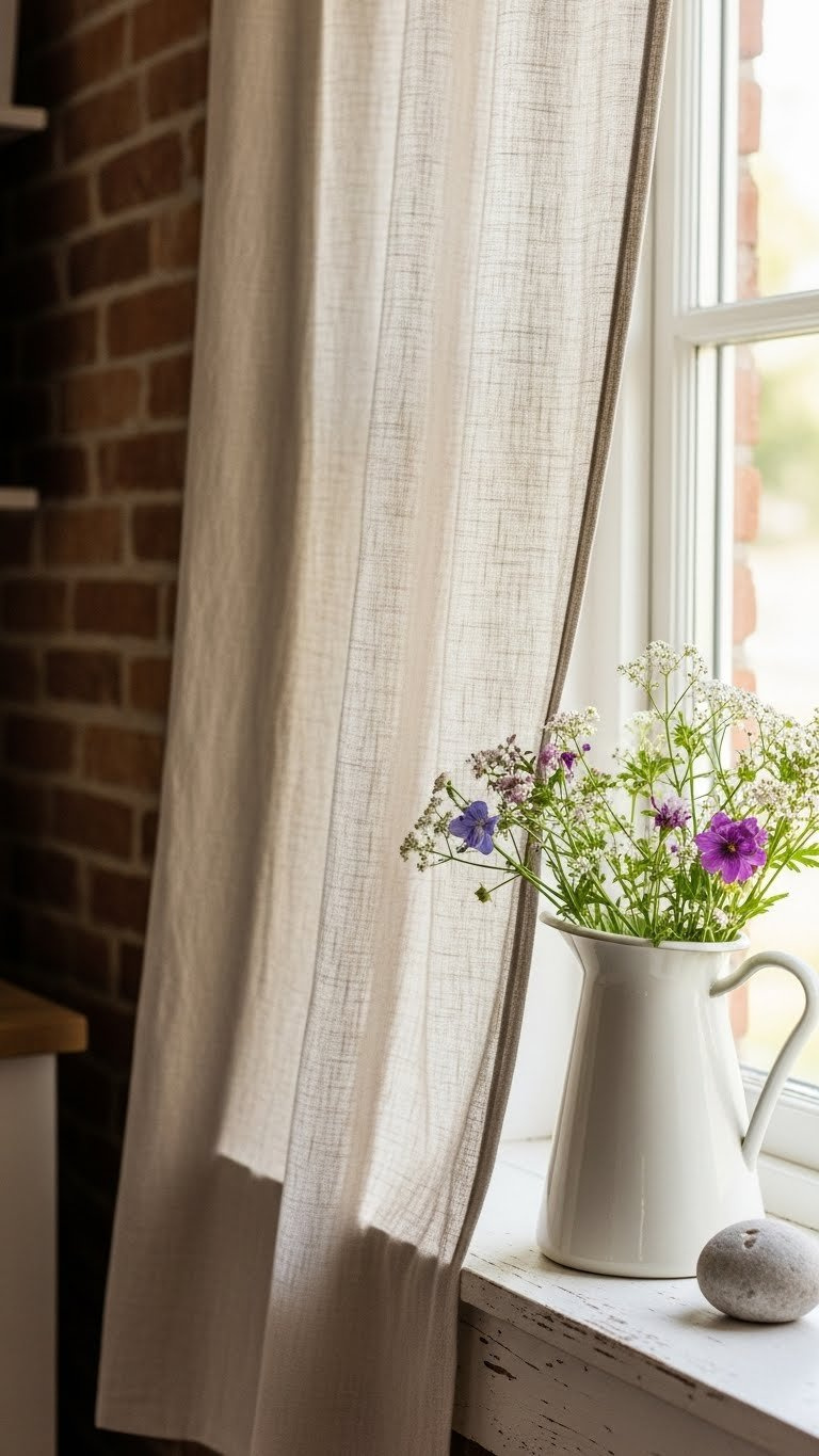 Sheer natural linen curtains gently diffusing morning light into a rustic kitchen with exposed brick walls