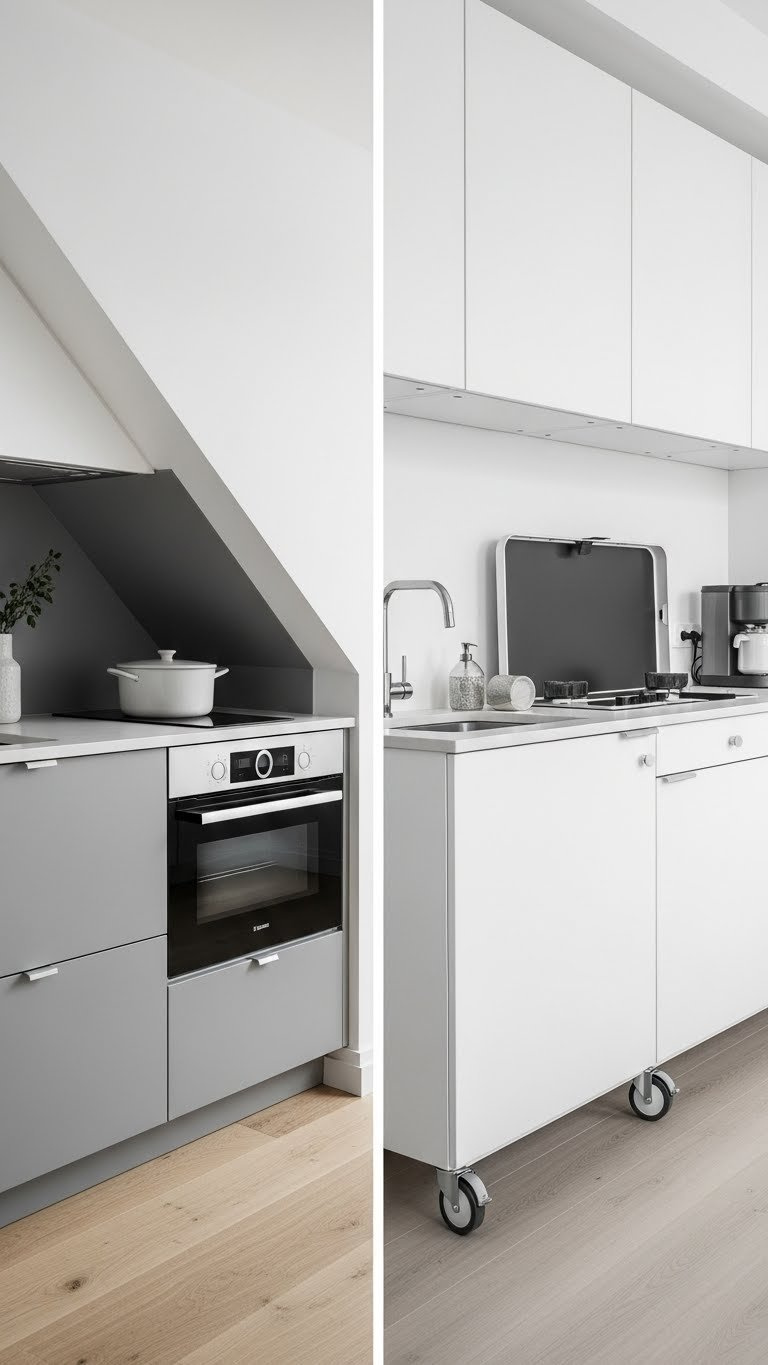 Side-by-side comparison of built-in custom kitchenette versus modular movable under-stair kitchen unit with casters