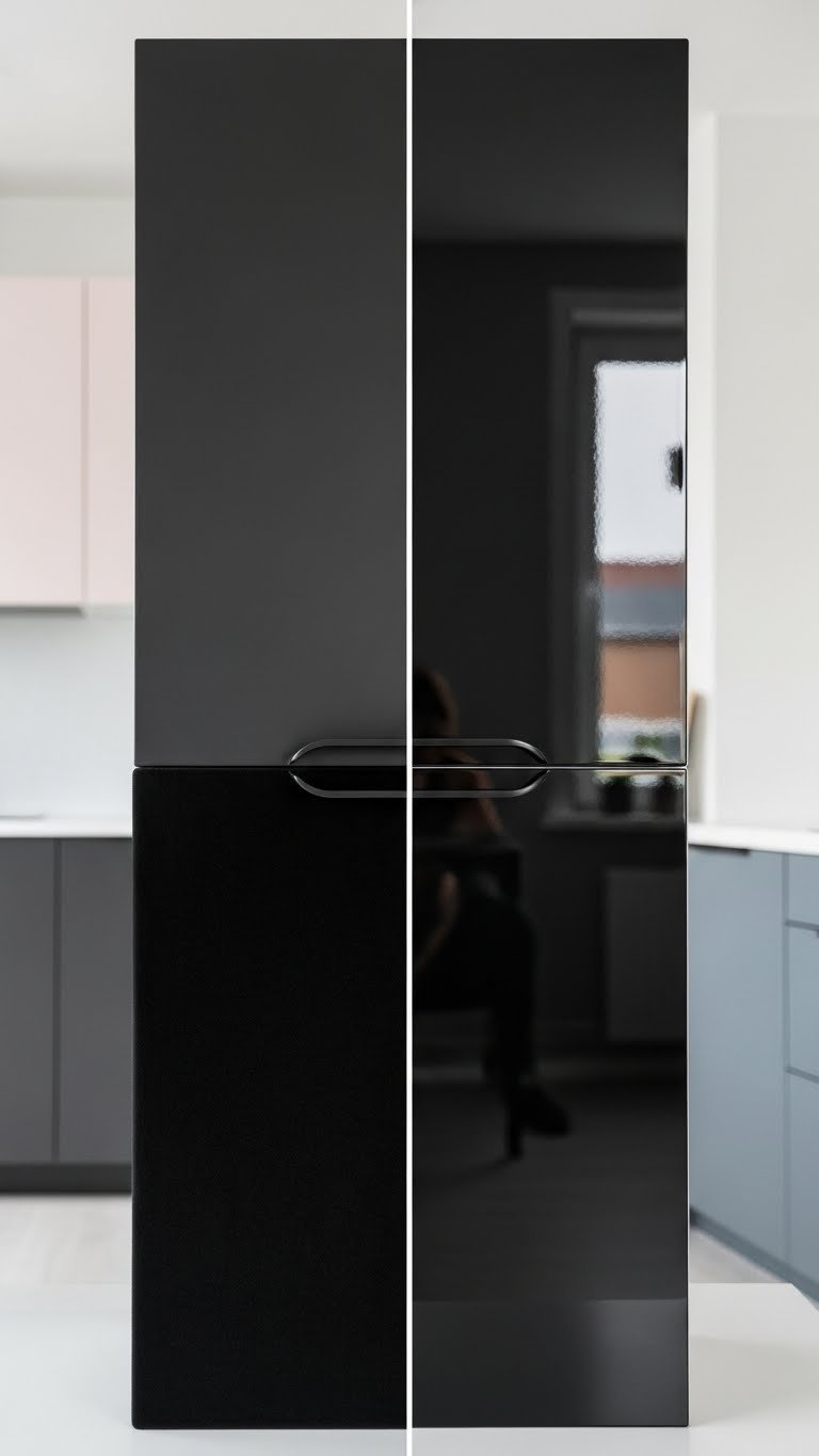 Side-by-side comparison of matte black versus high-gloss black cabinet finishes showing texture differences