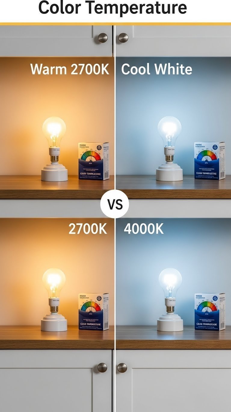 Side-by-side comparison of warm white (2700K) and cool white (4000K) light illuminating a kitchen area. Demonstrates color perception.