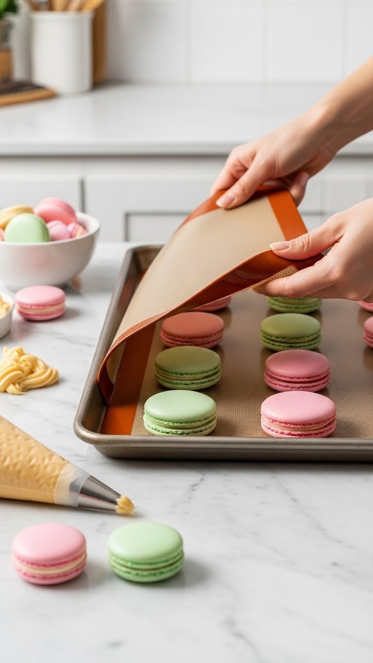 Silicone baking mat lifted to reveal perfectly baked colorful macarons releasing cleanly