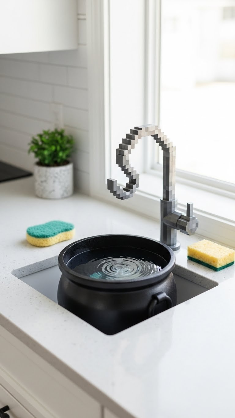 Simple Minecraft sink design using cauldron with tripwire hook faucet on quartz countertop
