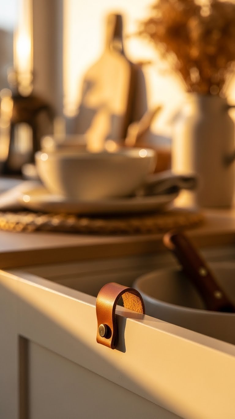 Simple folded leather strap pull with brass screw on pale wood cabinet in warm golden hour lighting