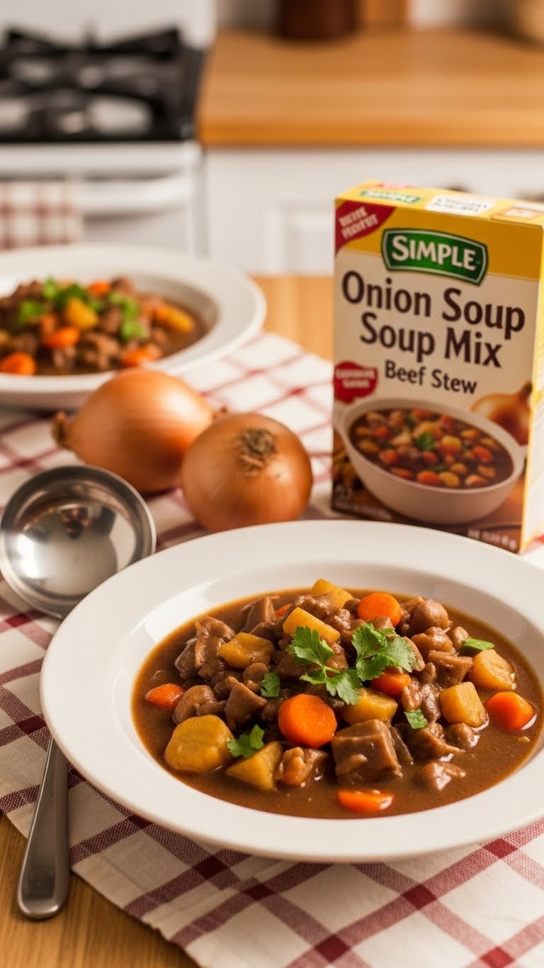 9 Easy Beef Stew Crock Pot Recipes For Cozy Family Dinners 7 Simple onion soup mix beef stew in a family bowl with ingredients on a checkered tablecloth