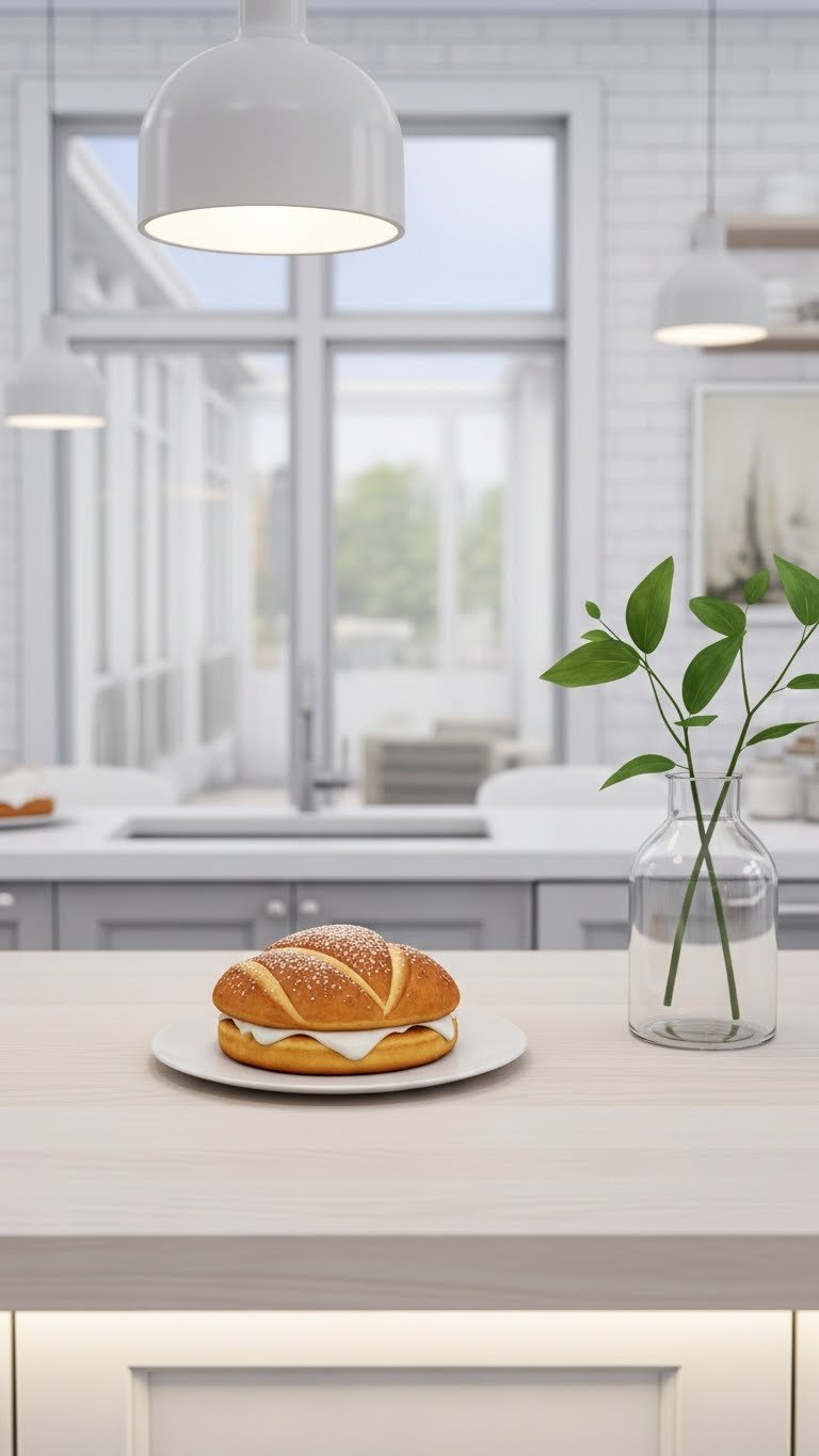 Sims 4 Scandi kitchen bathed in natural light with minimalist pendant lighting fixtures and bright airy aesthetic.