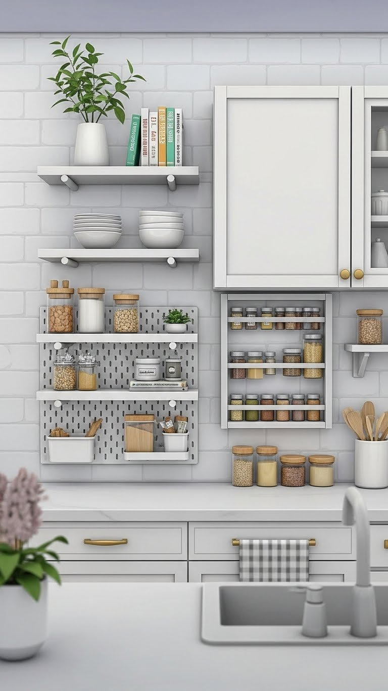 Sims 4 kitchen wall with floating shelves, vertical storage solutions, and decorative canisters for efficient organization