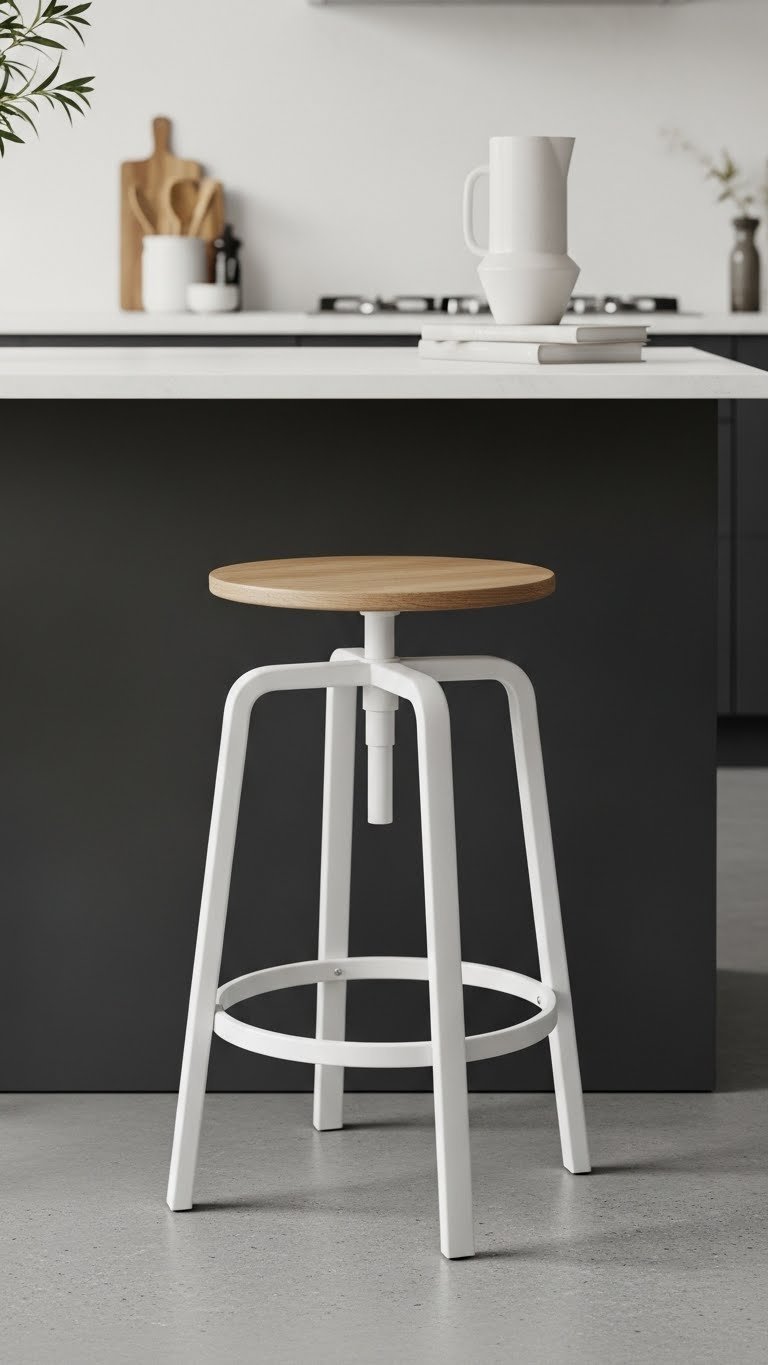 Single adjustable scandi bar stool with round wooden seat and metal base at versatile kitchen counter