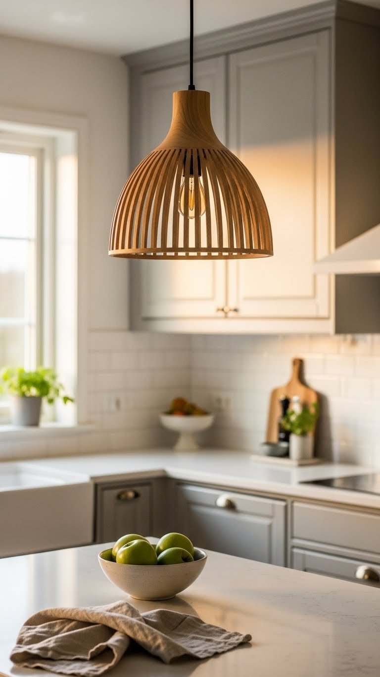 Single ash wood pendant light with natural grain hanging over white quartz countertop in cozy kitchen