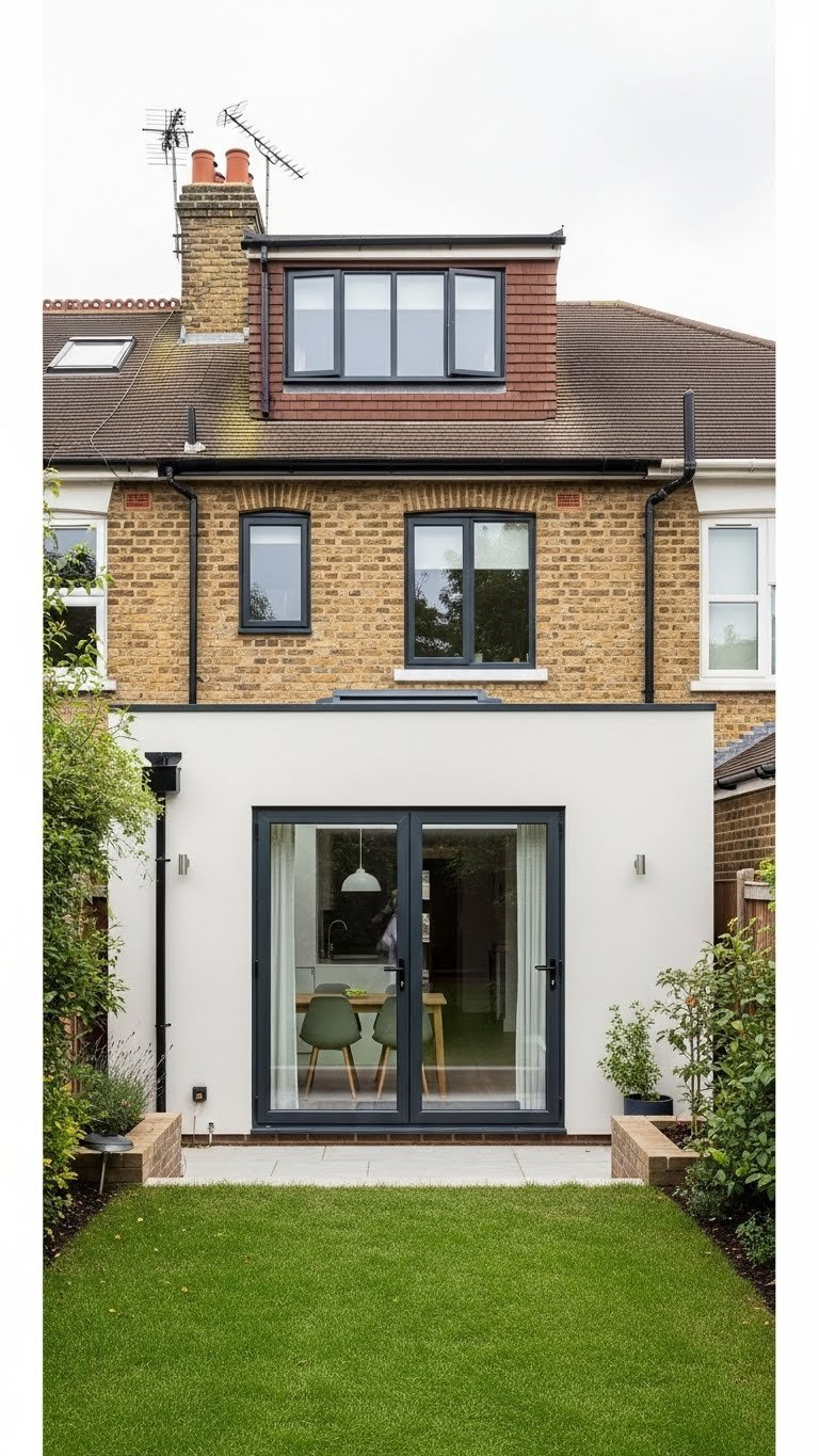 Single storey rear kitchen extension with minimalist design and large windows seamlessly attached to traditional house exterior.
