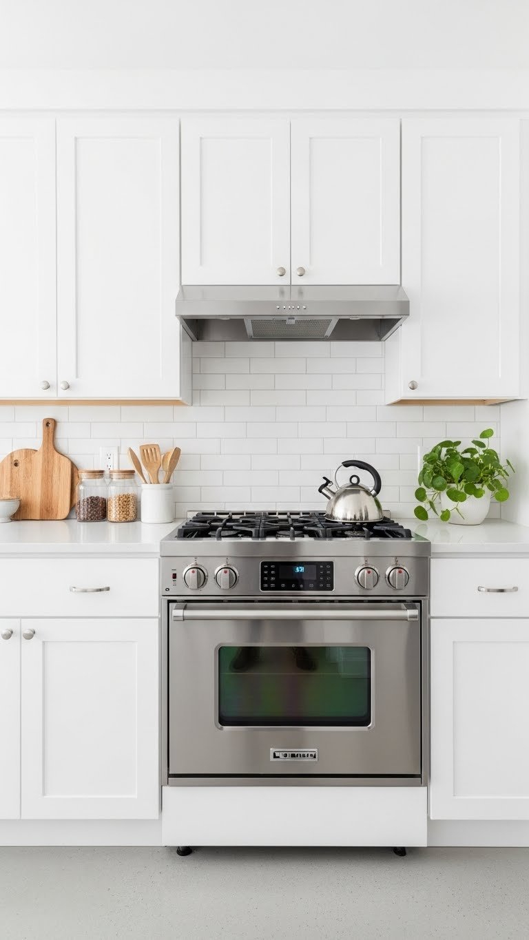 Single-wall kitchen with bright reflective surfaces featuring high-gloss white cabinetry and polished subway tile backsplash