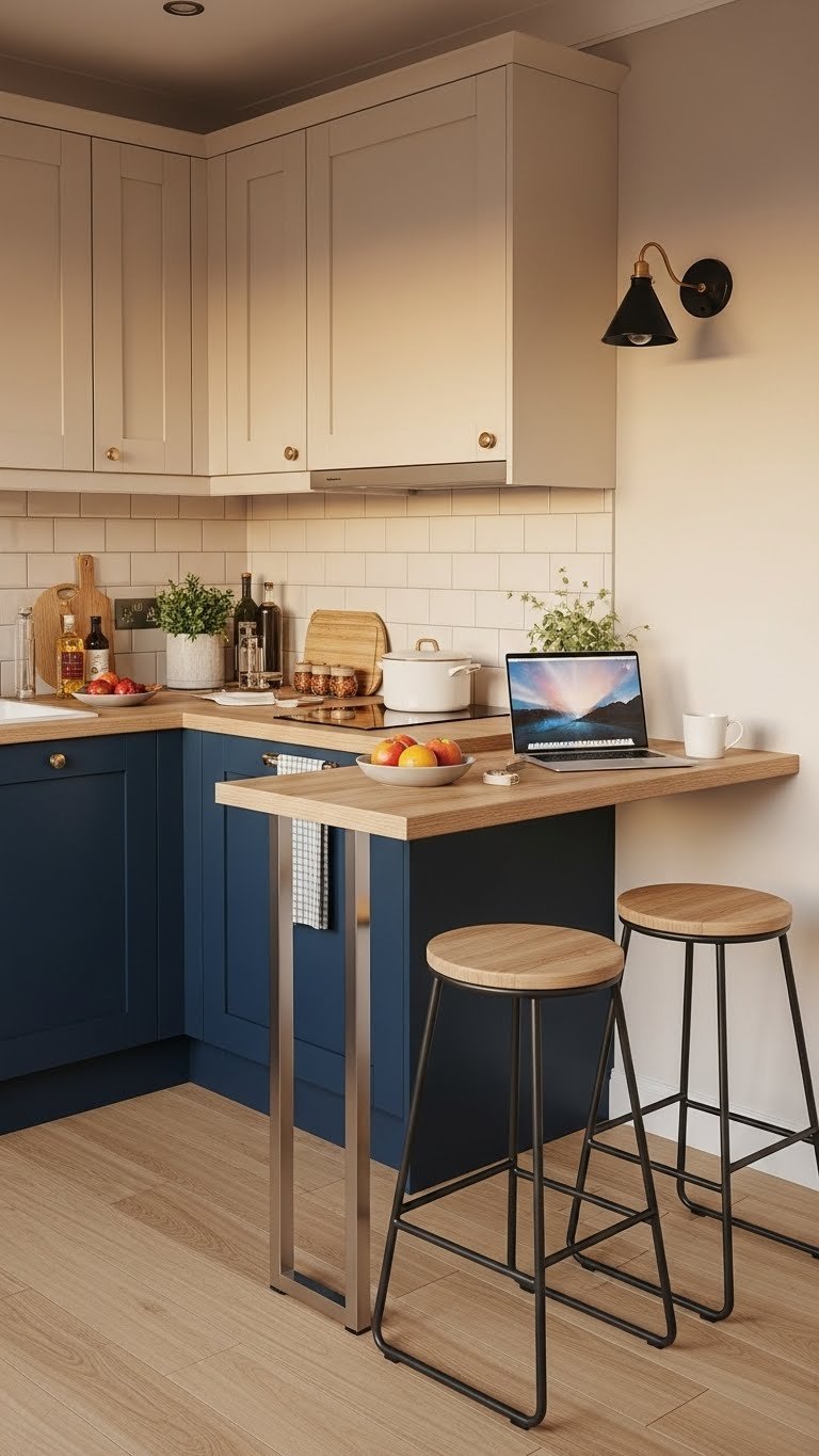 Single-wall kitchen with multifunctional breakfast bar extension featuring bar stools and warm golden hour lighting