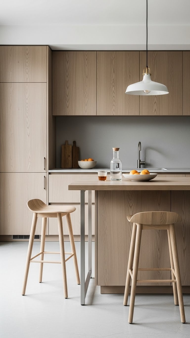 Sleek Japandi kitchen island with natural wood top and minimalist wooden bar stools on concrete floor