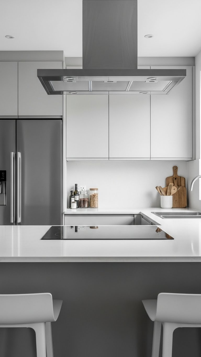 Sleek U-shaped kitchen showcasing optimized work triangle: refrigerator, sink, cooktop, and modern central island. Gray, white, wood tones.