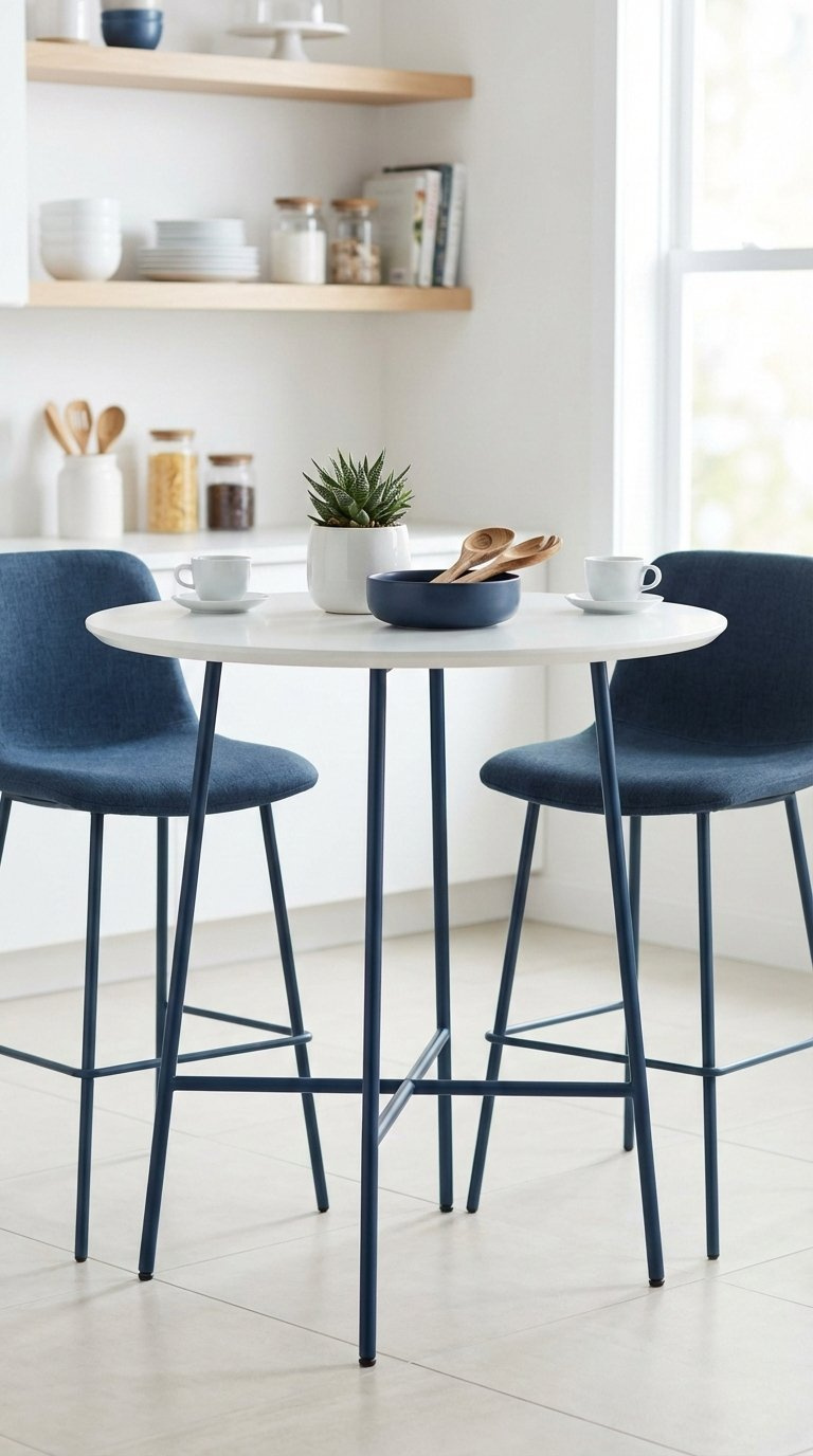 Sleek bar height kitchen table with two matching stools highlighting vertical space utilization in contemporary kitchen.