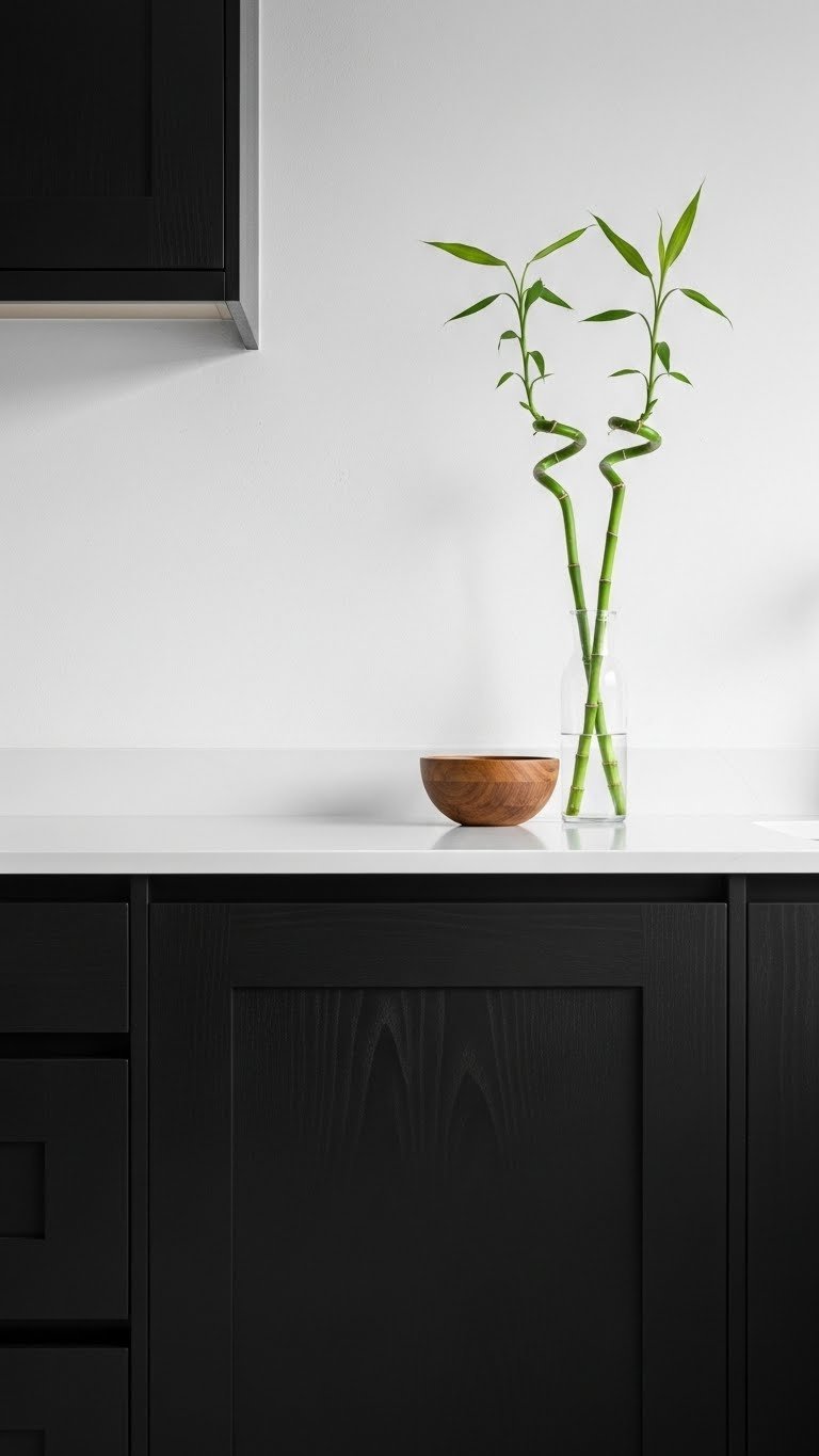 Sleek bespoke matte black handleless kitchen cabinets with clean lines, a wooden bowl, and bamboo. Modern minimalist design.