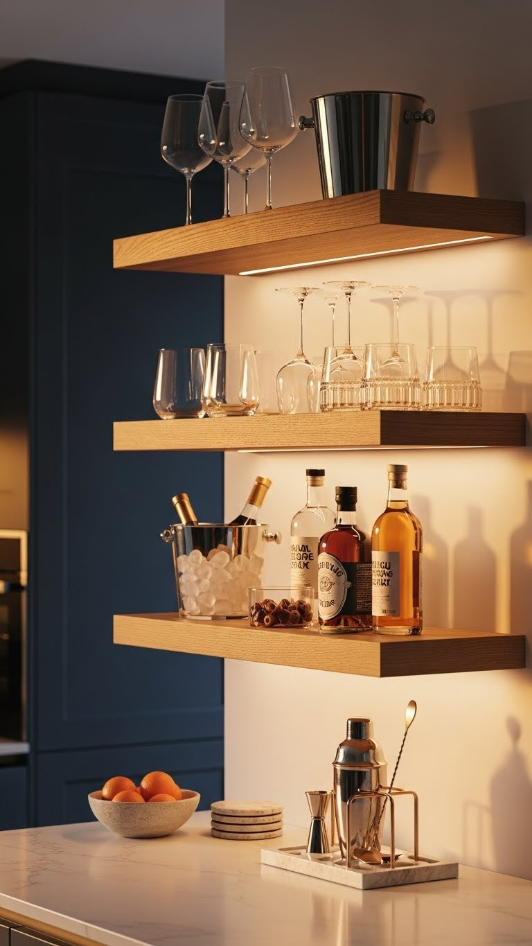Sleek beverage bar with glassware and cocktail shaker on natural wood floating shelves against dark accent wall