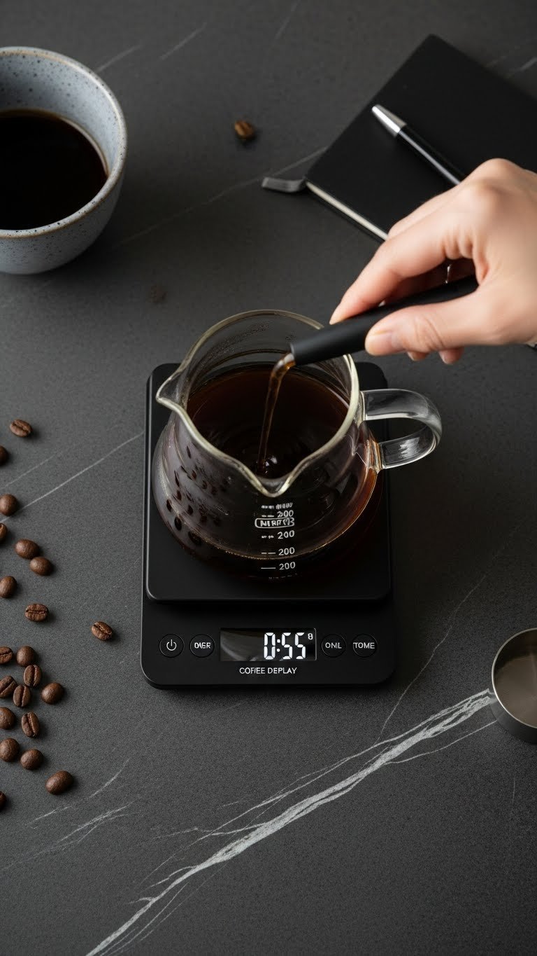 Sleek black digital coffee scale with glass server showing weight and time on dark slate countertop