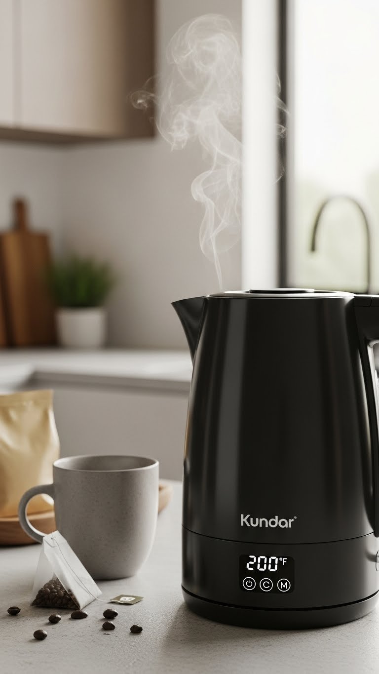 Sleek black electric kettle with temperature display emitting steam on concrete countertop in modern kitchen