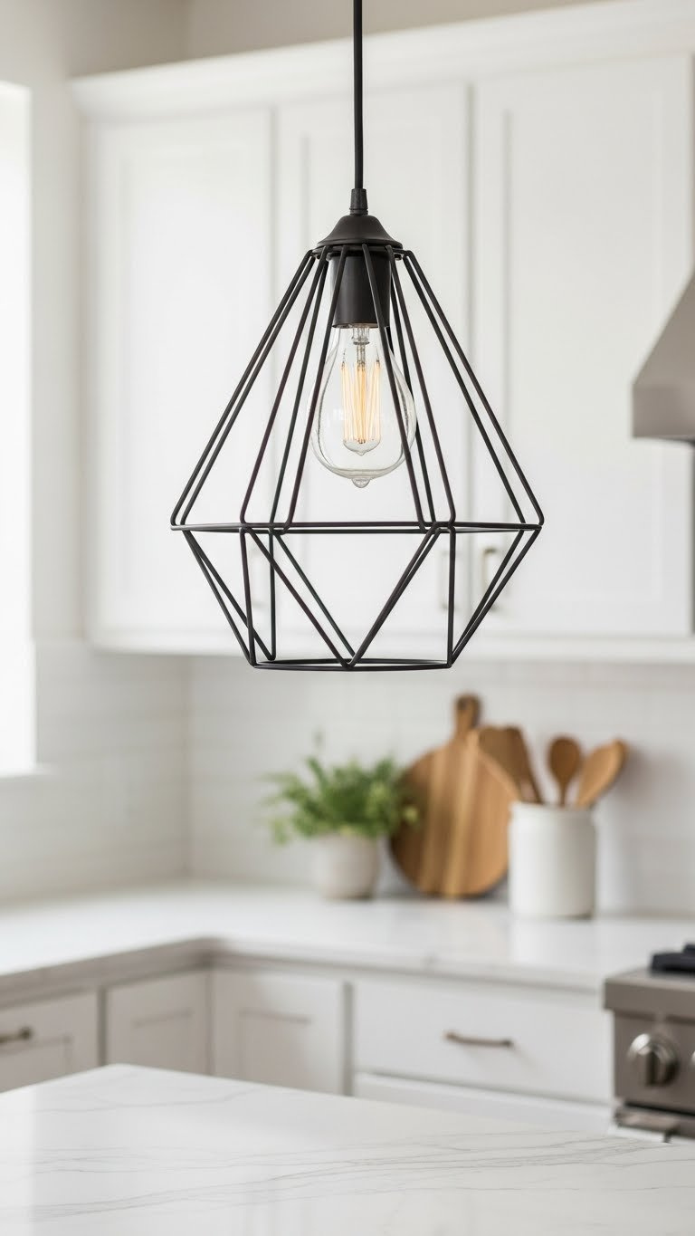 Sleek black geometric metal cage pendant light hanging above white marble kitchen island with soft shadows