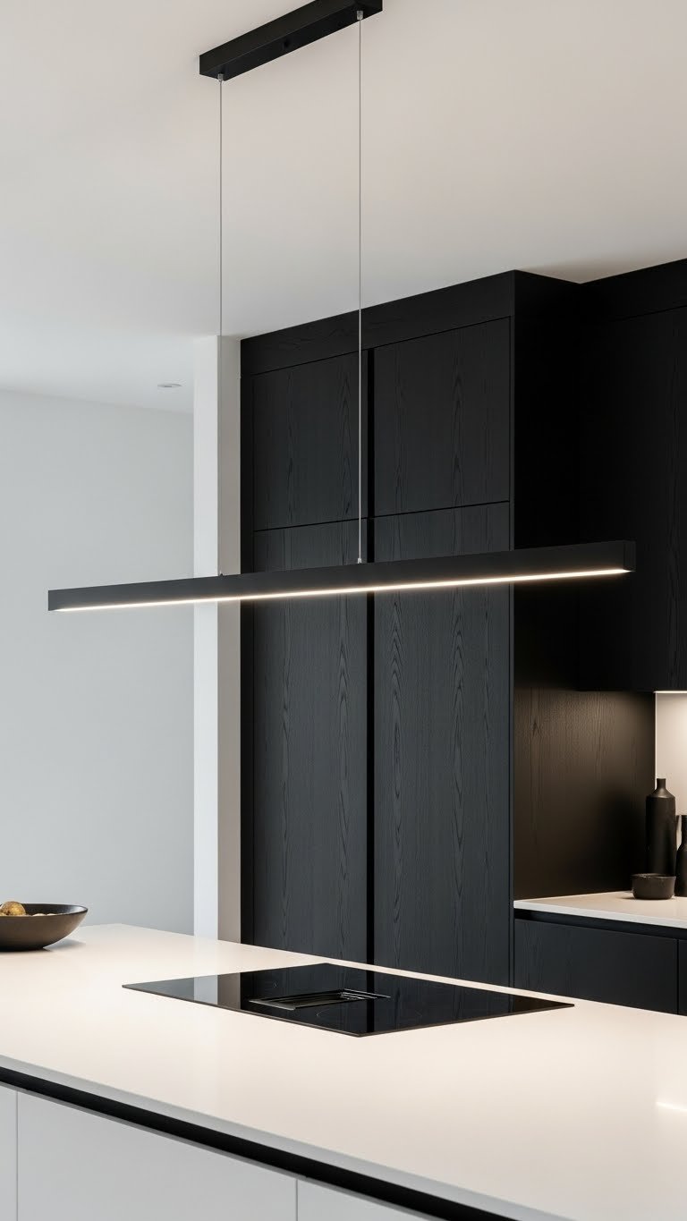 Sleek black linear LED suspension light over white waterfall-edge kitchen island in minimalist design
