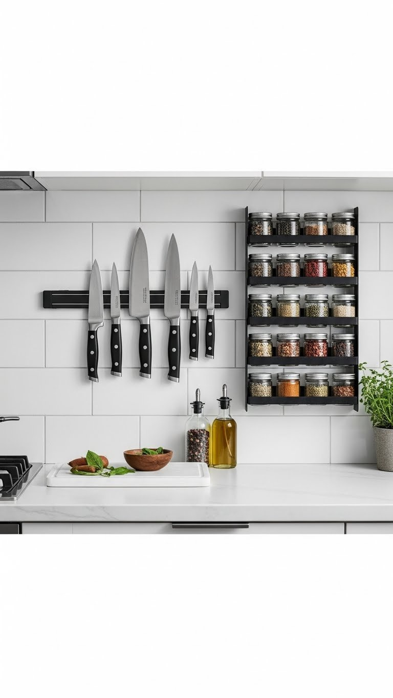 Sleek black magnetic knife strip holding chef's knives alongside wall-mounted spice rack on white tile backsplash