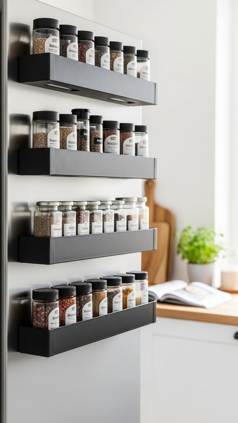 Sleek black magnetic spice rack with glass jars organized on refrigerator side in bright kitchen setting