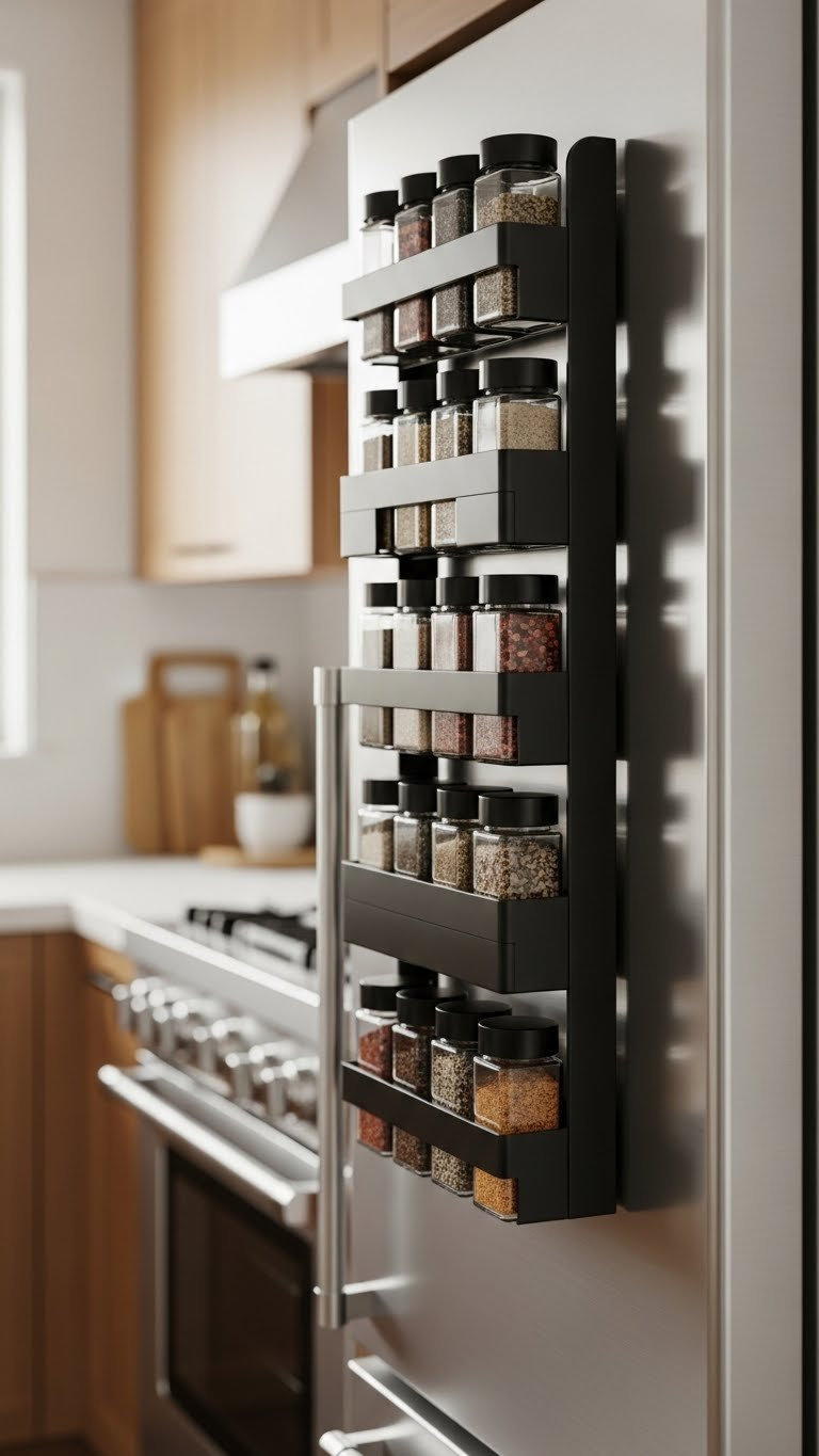 Sleek black magnetic spice rack with uniform glass jars attached to stainless steel refrigerator side