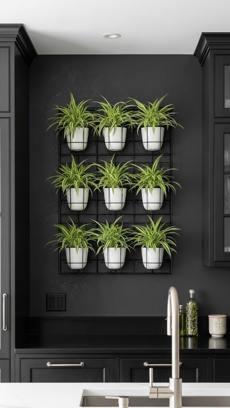 Sleek black metal vertical garden with pale green foliage on a charcoal kitchen wall, modern space-saving design.