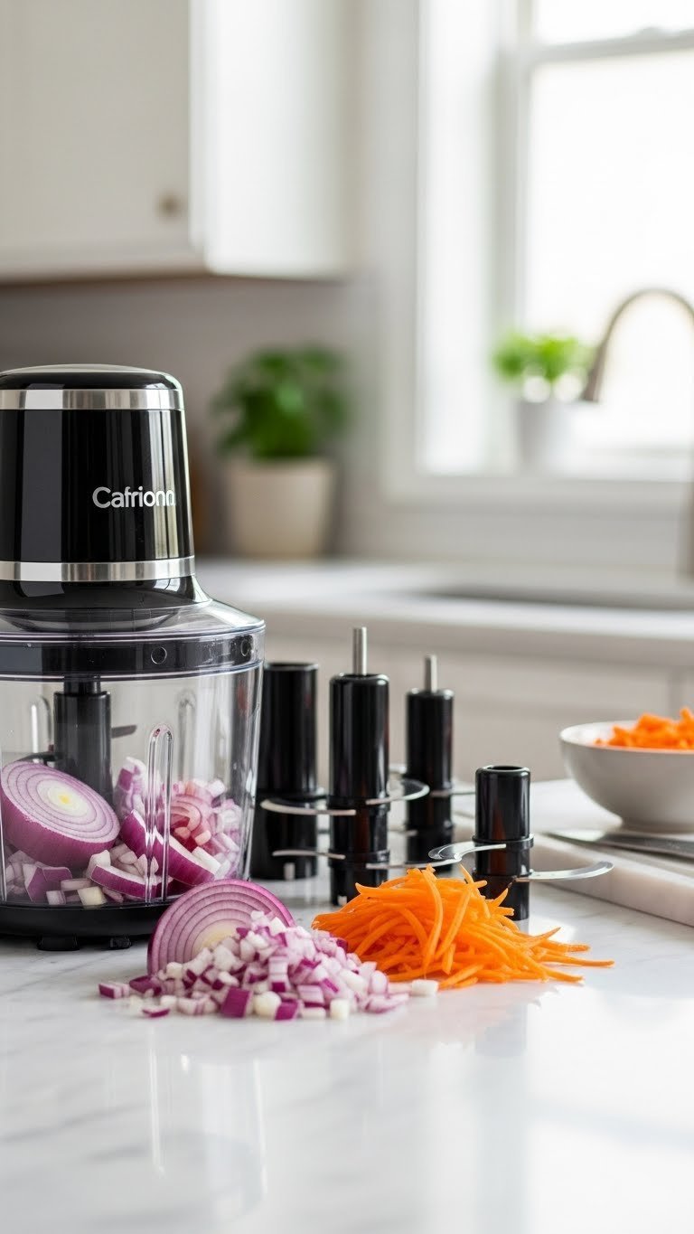 Sleek black stainless steel multi-chopper with blade attachments and diced vegetables on marble countertop in kitchen setting