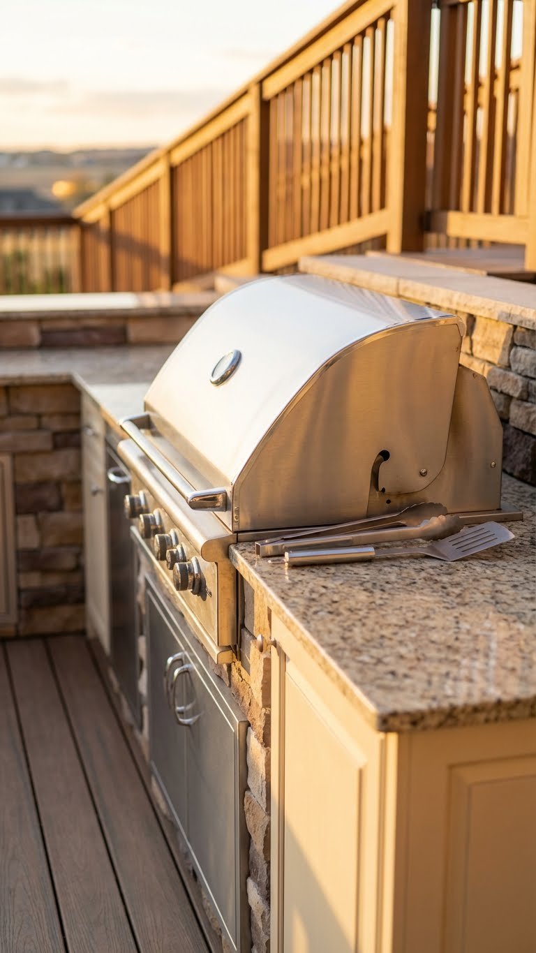 Outdoor Kitchen On Deck Planning Guide For Safe Stylish Builds 9 Sleek built-in stainless steel grill integrated into outdoor kitchen on deck with granite countertop during golden hour