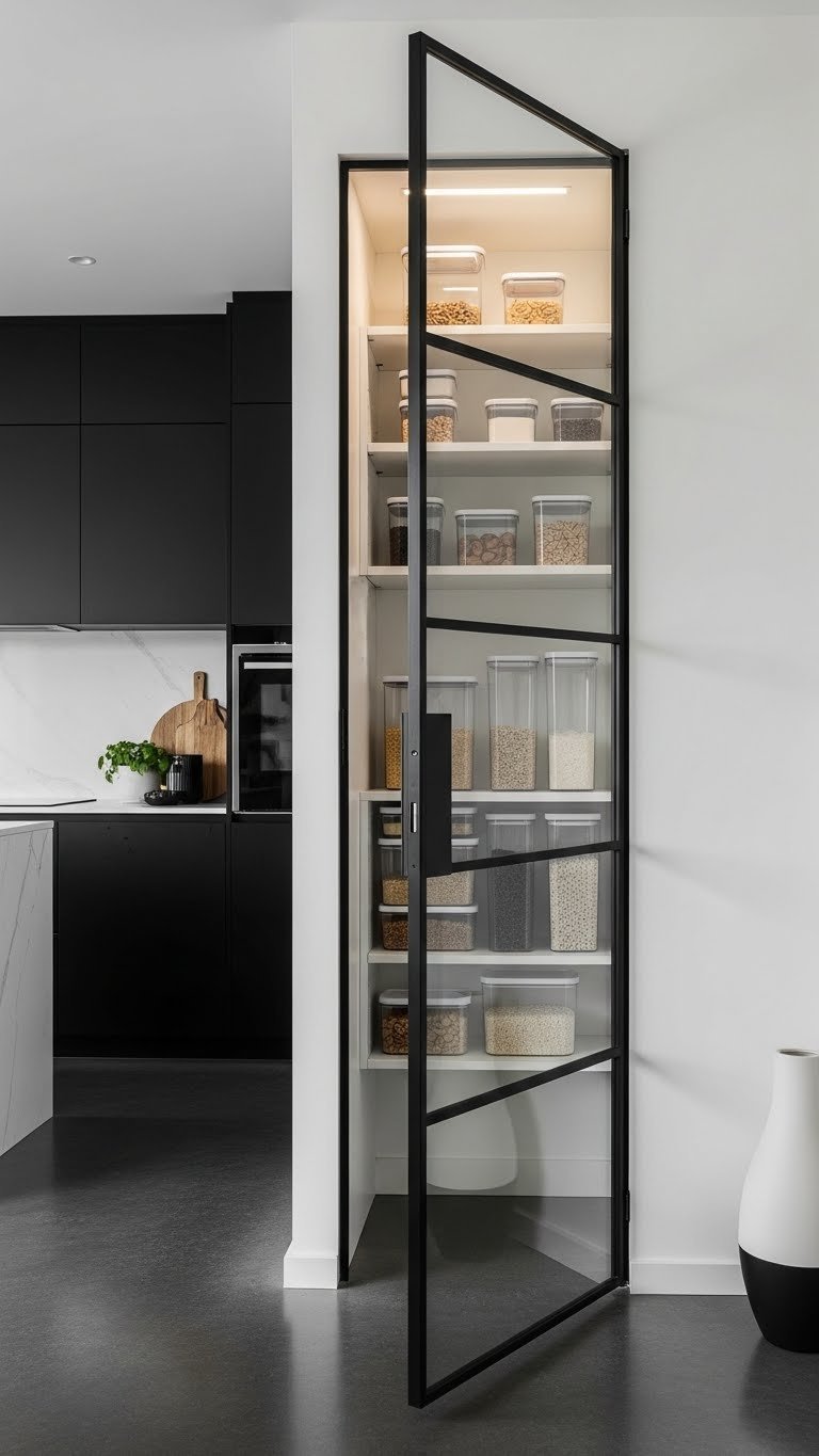 Sleek clear glass panel pantry door with a black frame, showcasing a perfectly organized pantry interior in a modern kitchen.