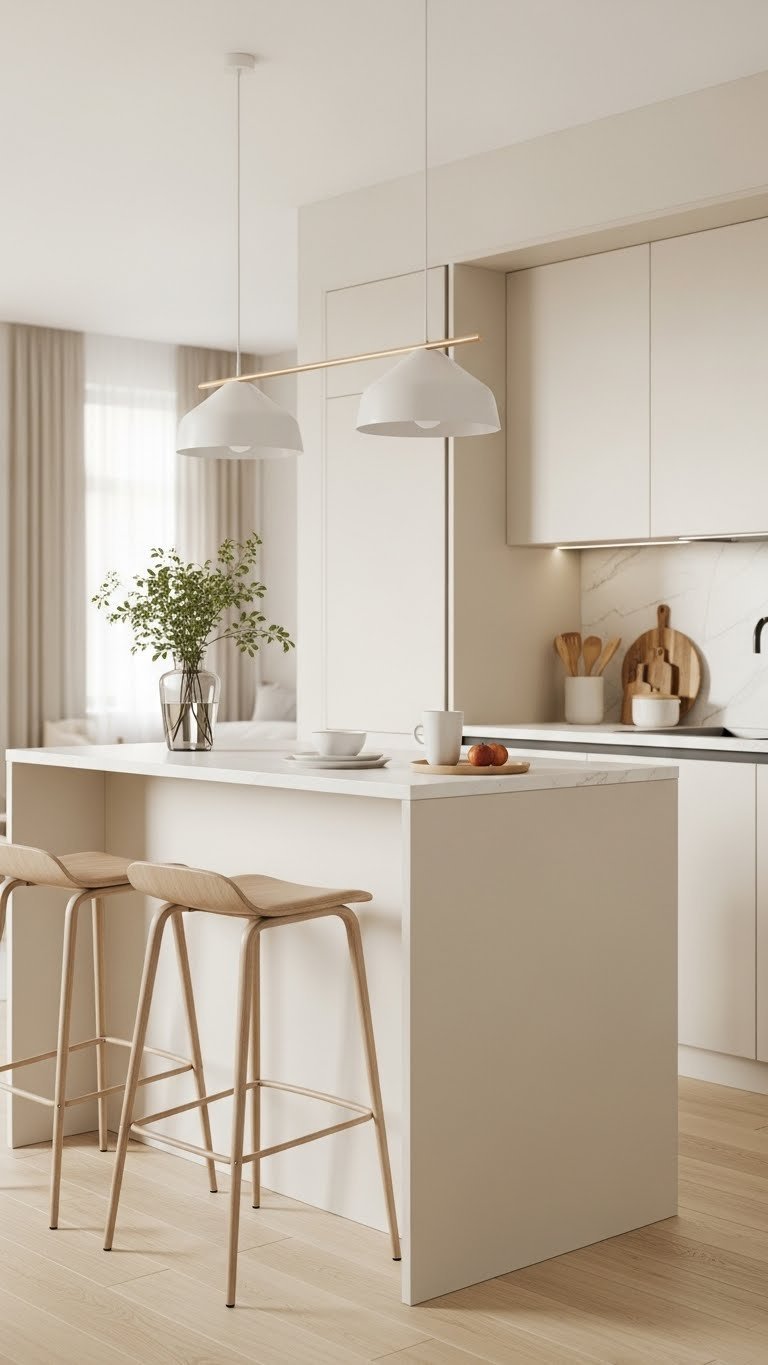 Sleek compact kitchen island with integrated seating in bright open-plan space featuring modern bar stools and fresh greenery