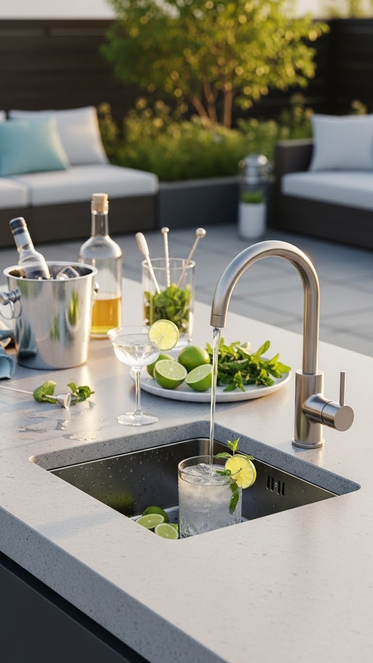 Sleek compact outdoor bar sink with goose-neck faucet and lime wedges on polished concrete countertop for cocktail preparation