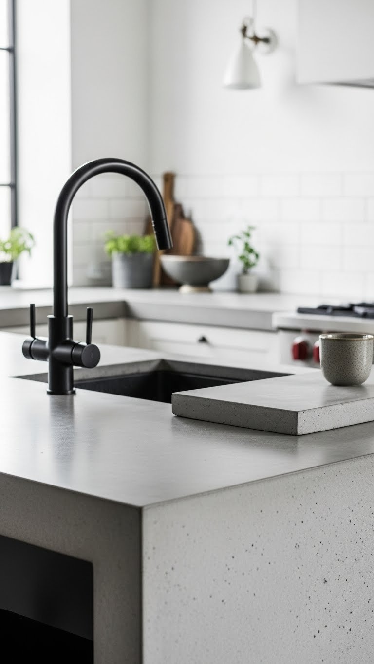 Sleek concrete countertop with matte finish, black faucet, and subway tile backsplash in bright daylight kitchen