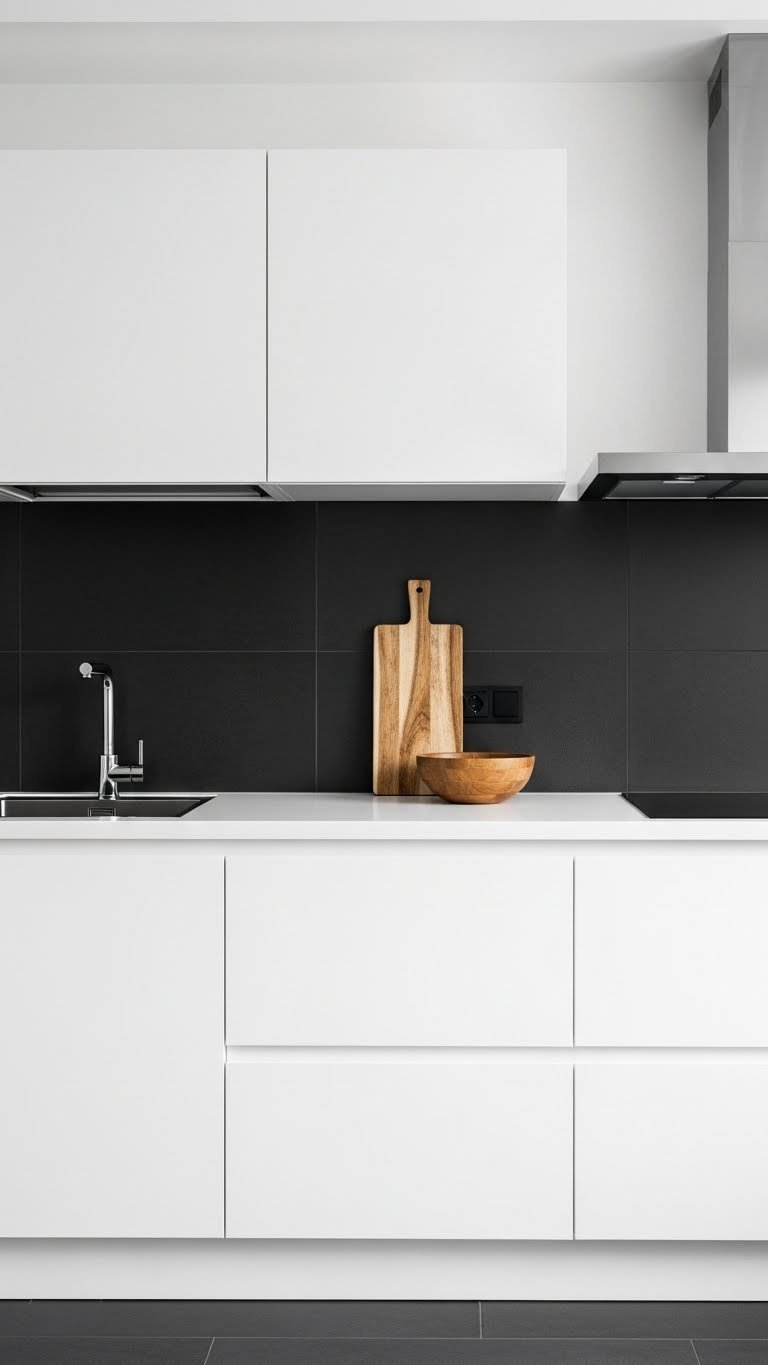 Sleek contemporary kitchen: white handleless cabinets, continuous dark matte gray backsplash tile, integrated range hood.