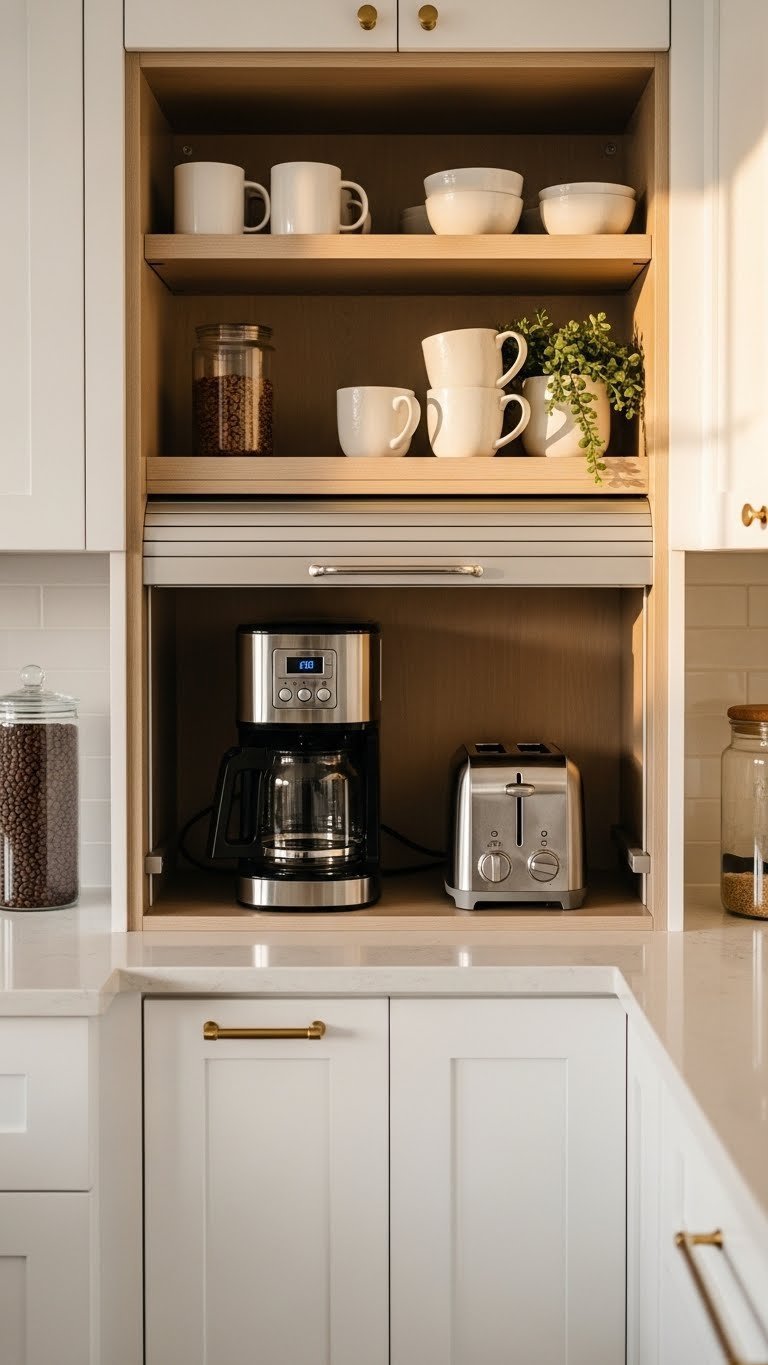 Sleek corner appliance garage with roll-up tambour door housing stainless steel coffee maker, toaster, and stacked mugs