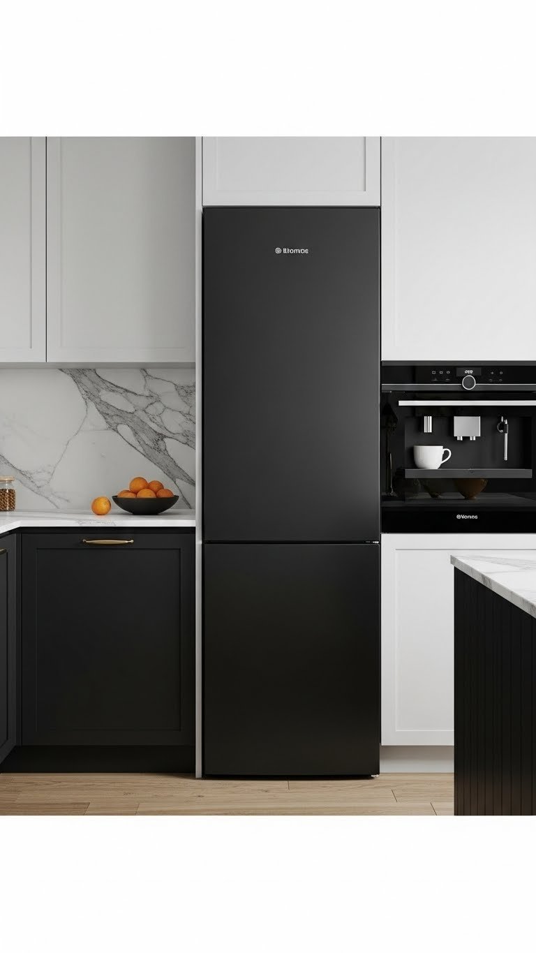 Sleek counter-depth refrigerator with matte black finish integrated into elegant small kitchen cabinetry design