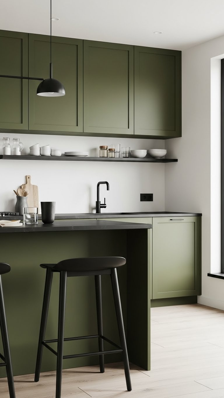 Sleek dark olive green kitchen with minimalist cabinets, thin black countertop, and black sink, highlighting crisp modern contrast.