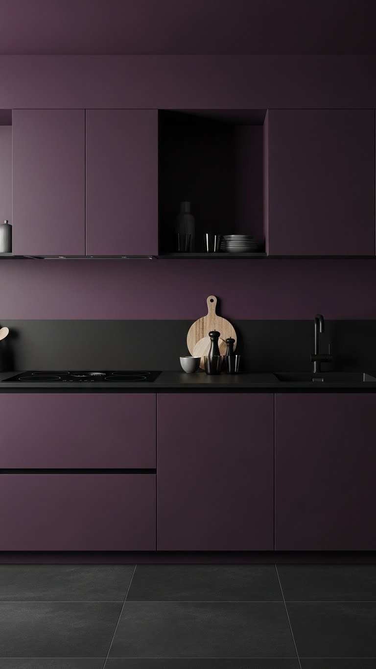 Sleek dark purple kitchen with seamless handleless cabinetry, black matte appliances. Ultra-modern, sophisticated, and minimalist design.