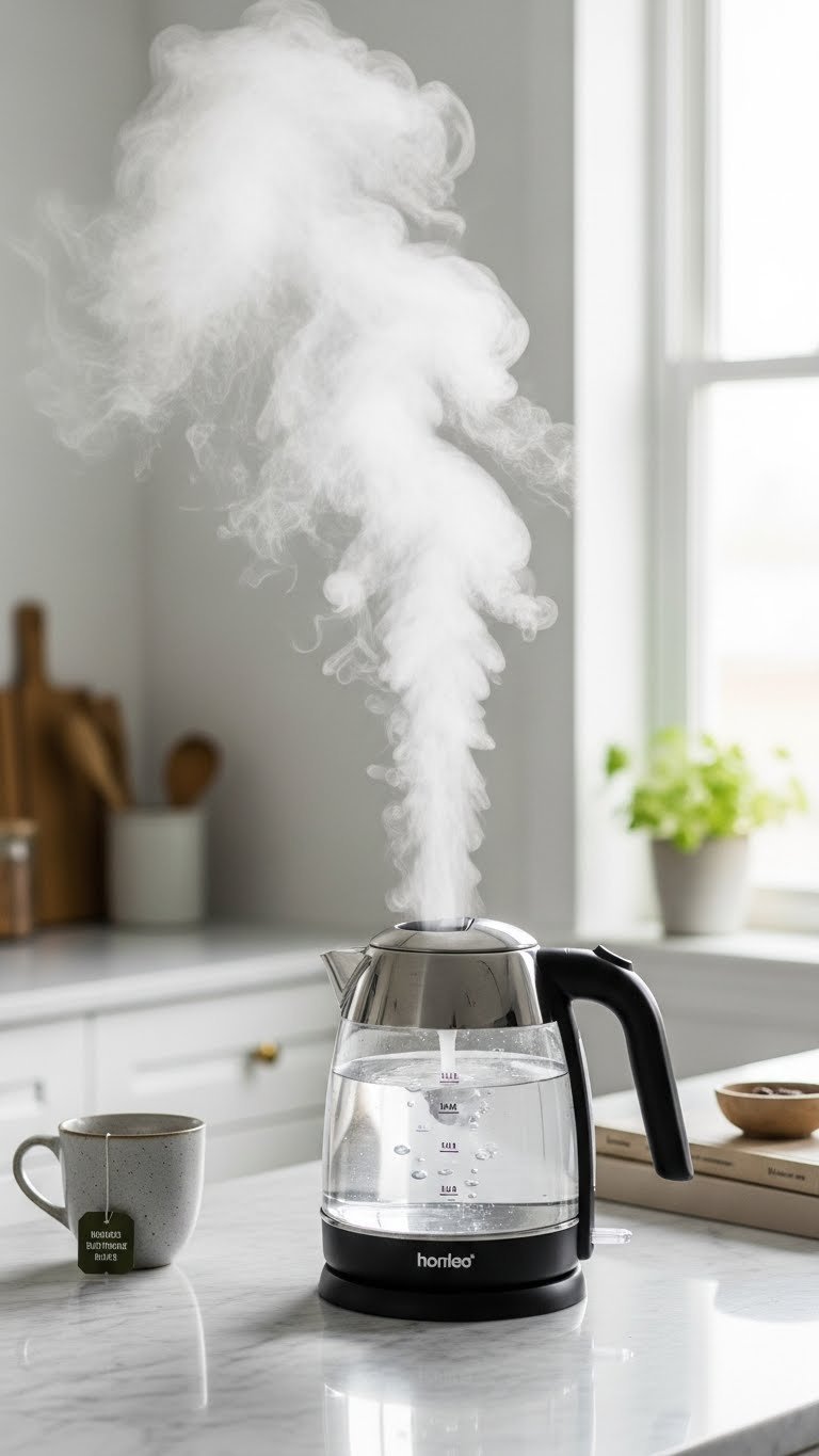 Meesho Kitchen Gadgets: 11 Essential Tools For Smart Cooking 3 Sleek electric kettle boiling water on minimalist kitchen countertop with steam gently rising from the spout.