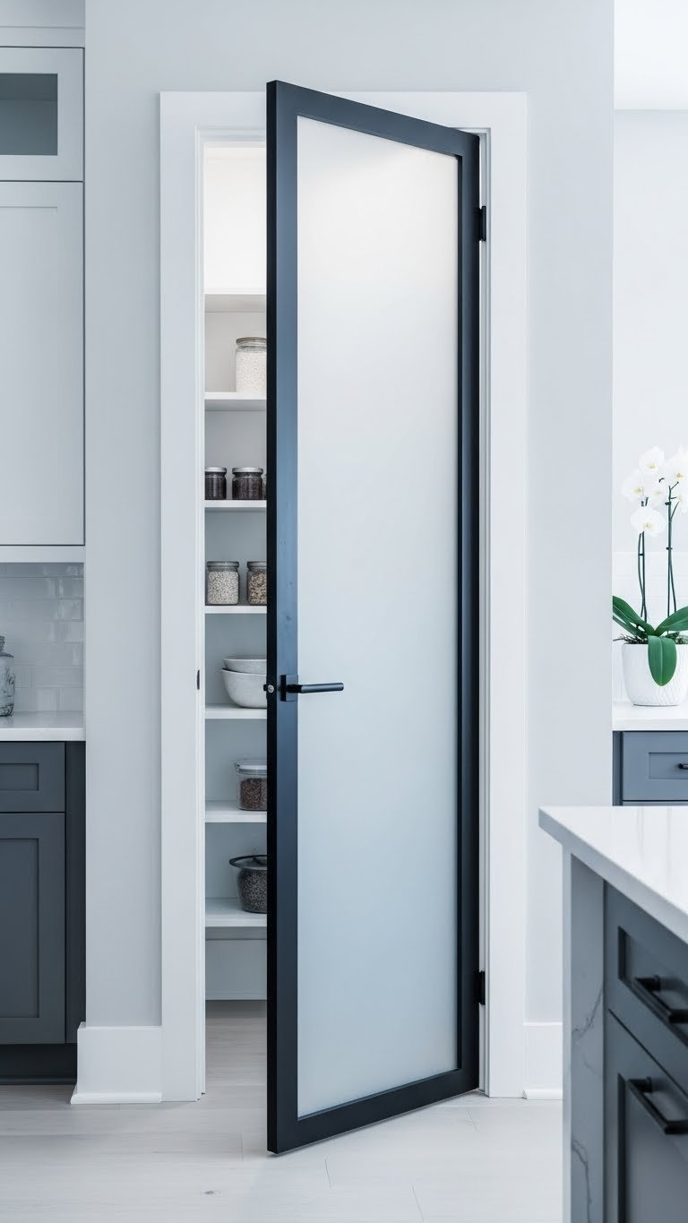Sleek frosted glass panel pantry door with a minimalist dark frame, slightly ajar in a modern kitchen, offering diffused light.