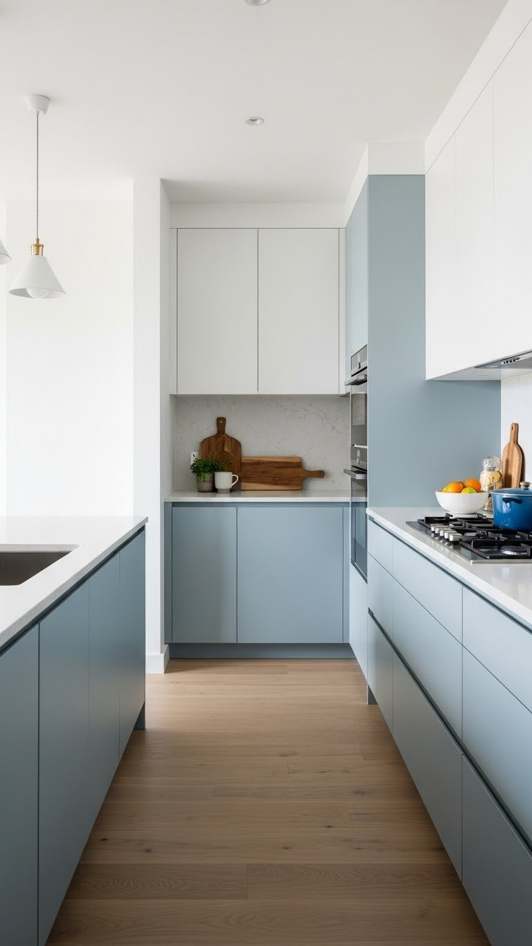 10X10 Kitchen Layouts: Proven Ideas For Small Spaces 3 Sleek galley kitchen with parallel countertops, flush-mounted appliances, and efficient storage solutions in muted blue tones.